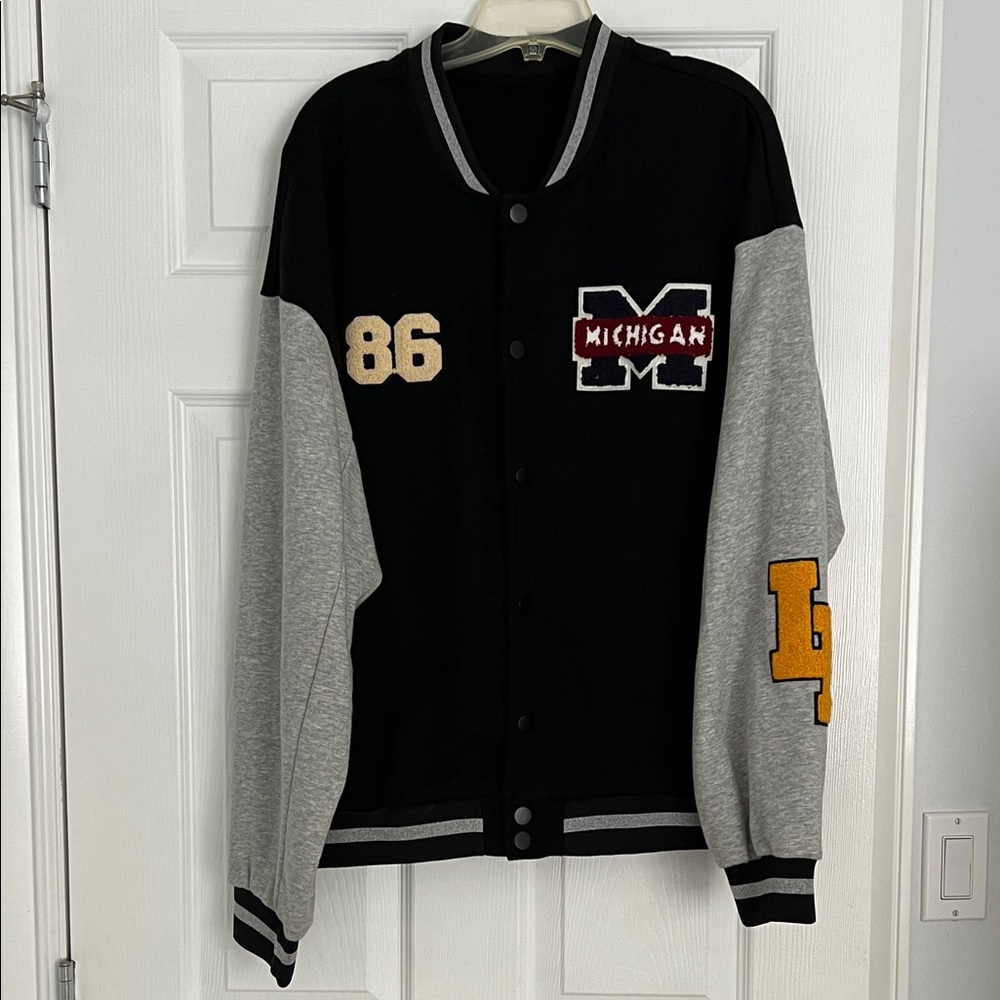 SHEIN Black and Gray Varsity Jacket with Gold Details BN Never Worn